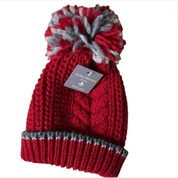 Gelso Biano Made in Italy Alpaca Wool Red Luxury Knit Hat with Pom - Picture 1 of 8